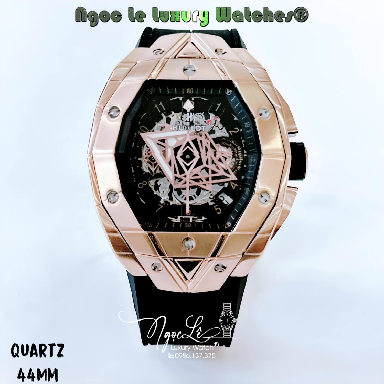 Đồng Hồ Nam Hublot Spirit Of Big Bang Sang Bleu Quartz Dây Silicon Đen Vỏ Rose 44mm
