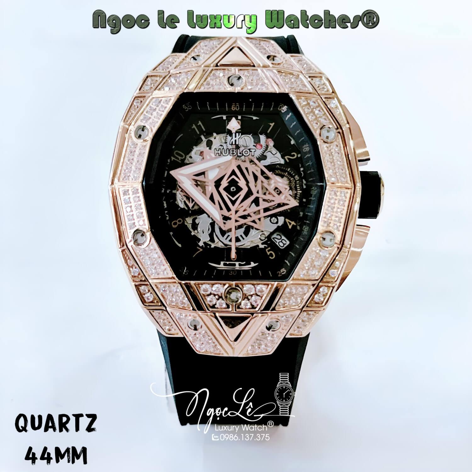 Đồng Hồ Nam Hublot Spirit Of Big Bang Sang Bleu Quartz Dây Silicon Đen Đính Đá Vỏ Rose 44mm