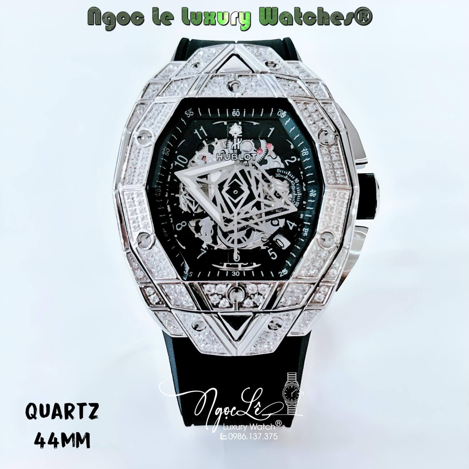 Đồng Hồ Nam Hublot Spirit Of Big Bang Sang Bleu Quartz Dây Silicon Đen Đính Đá Vỏ Bạc 44mm