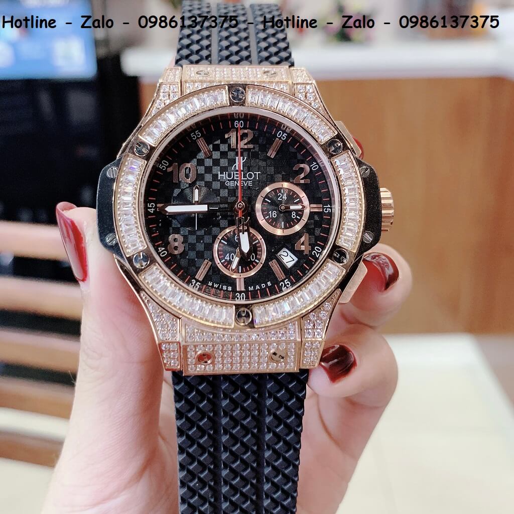 Đồng Hồ Hublot Big Bang Diamonds Siêu Cấp Nam Silicon Đen Rose Gold 44mm Đá Ống