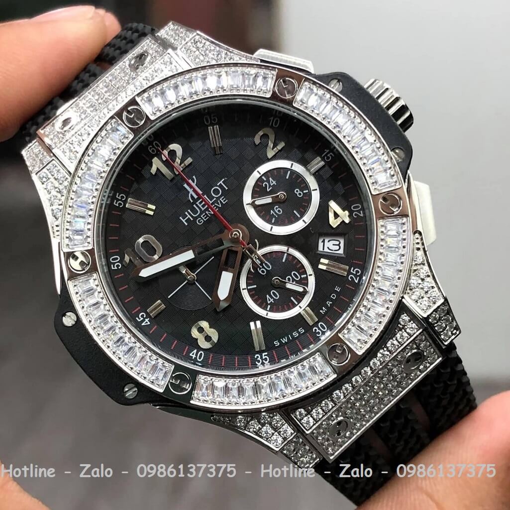 Đồng Hồ Hublot Big Bang Diamonds Siêu Cấp Silicon Đen Silver 44mm