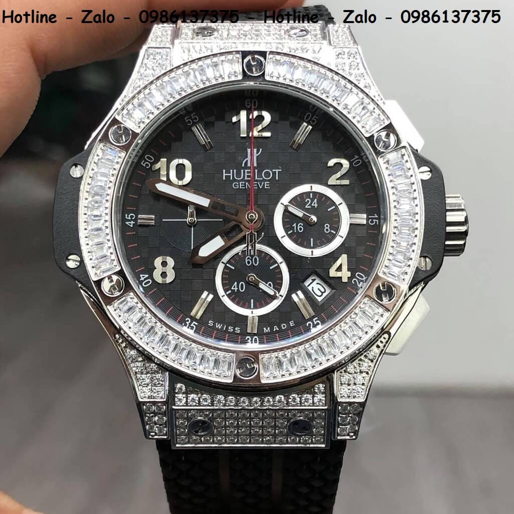 Đồng Hồ Hublot Big Bang Diamonds Siêu Cấp Silicon Đen Silver 44mm