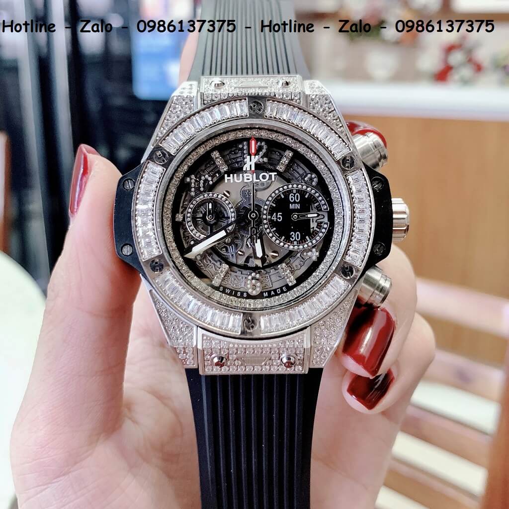 Đồng Hồ Hublot Big Bang Jewellery Nam Silicon Đen Vỏ Silver 44mm