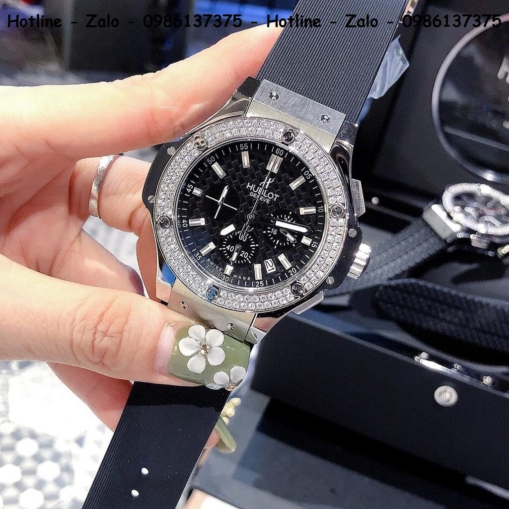 Đồng Hồ Hublot Big Bang Diamonds Nam Silicon Đen Silver 44mm