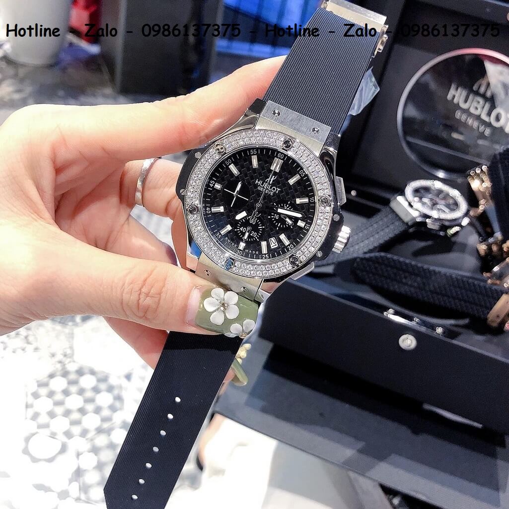 Đồng Hồ Hublot Big Bang Diamonds Nam Silicon Đen Silver 44mm