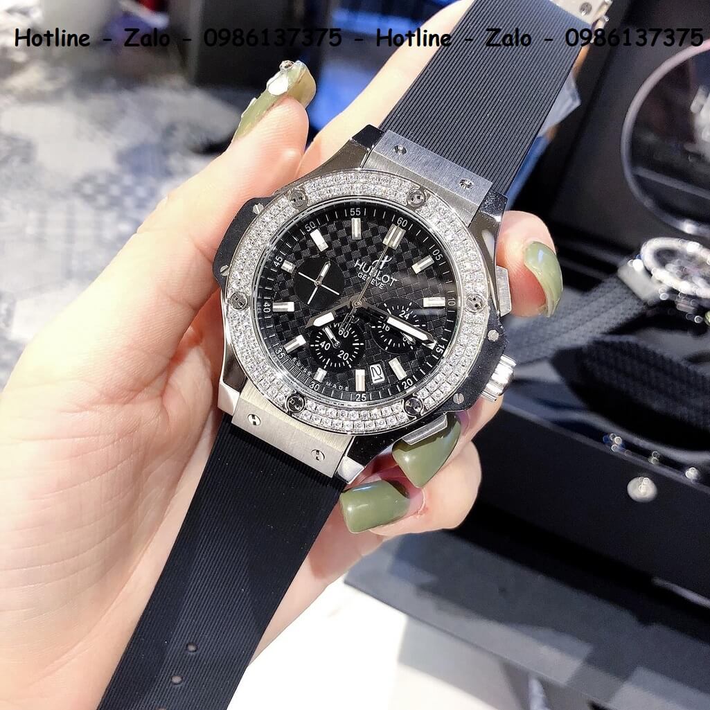 Đồng Hồ Hublot Big Bang Diamonds Nam Silicon Đen Silver 44mm