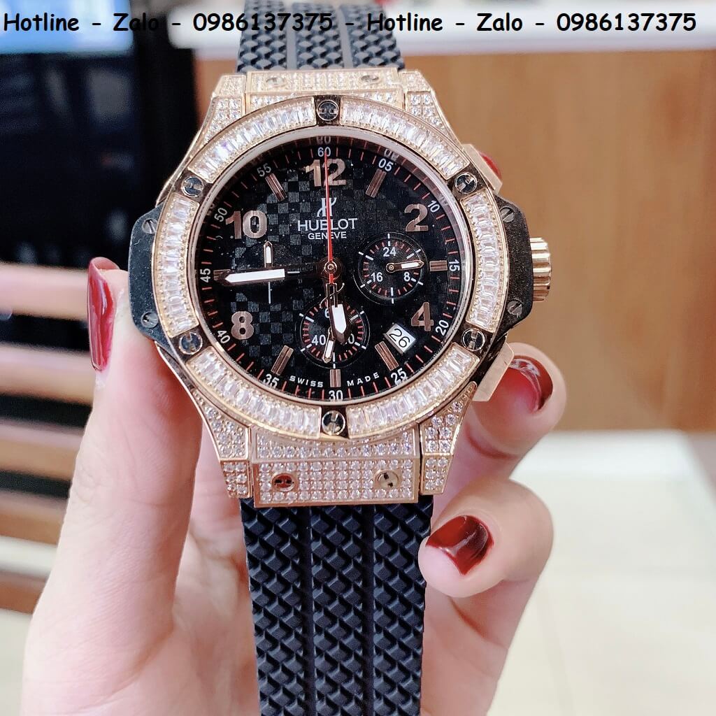 Đồng Hồ Hublot Big Bang Diamonds Siêu Cấp Nam Silicon Đen Rose Gold 44mm Đá Ống