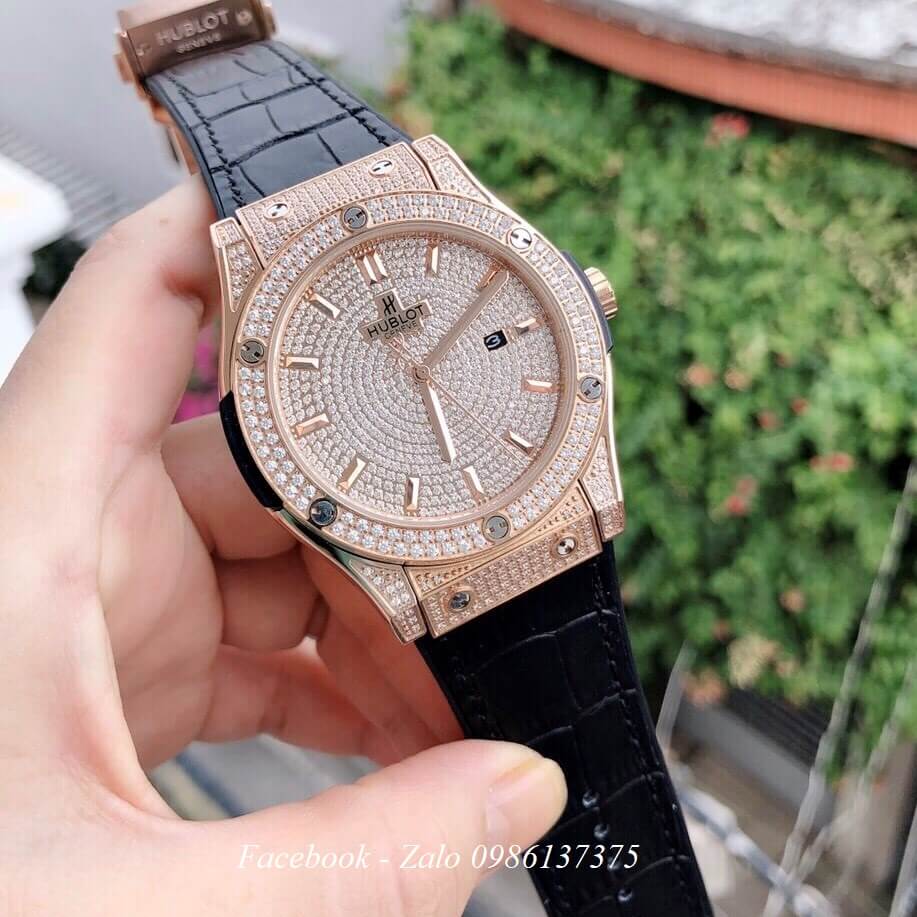 Đồng Hồ Hublot Nam Automatic Da Silicon Đen 44mm Full Đá (Rose GolD)