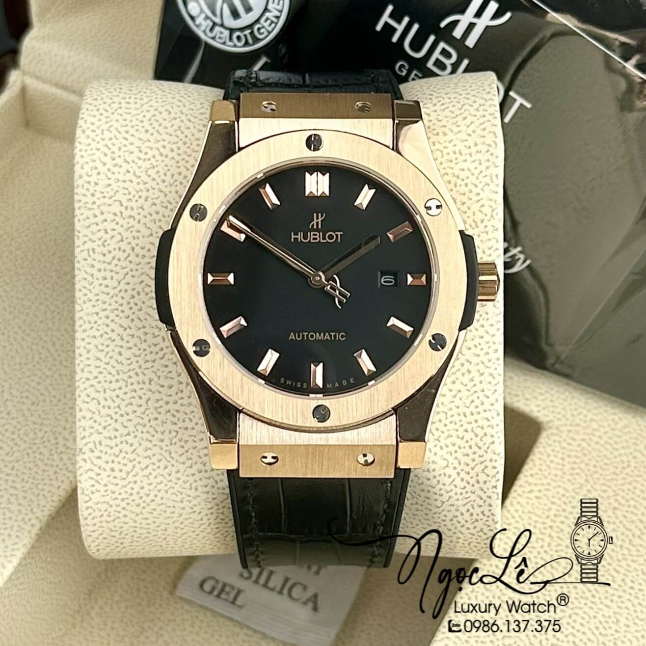 Đồng Hồ Nam Hublot Classic Fusion Tự Động Dây Da Silicon Đen Vỏ Rose Size 42mm