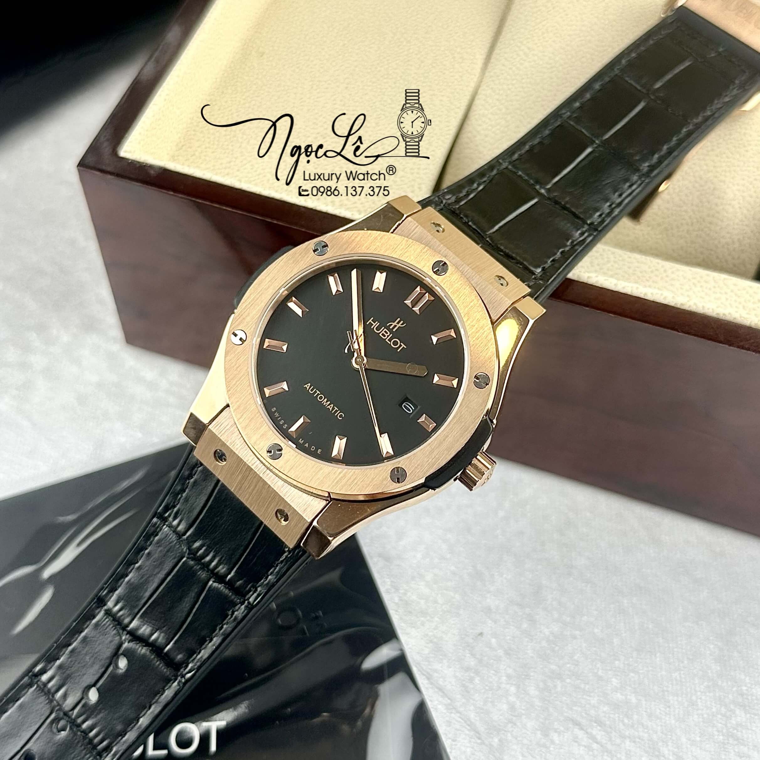 Đồng Hồ Nam Hublot Classic Fusion Tự Động Dây Da Silicon Đen Vỏ Rose Size 42mm