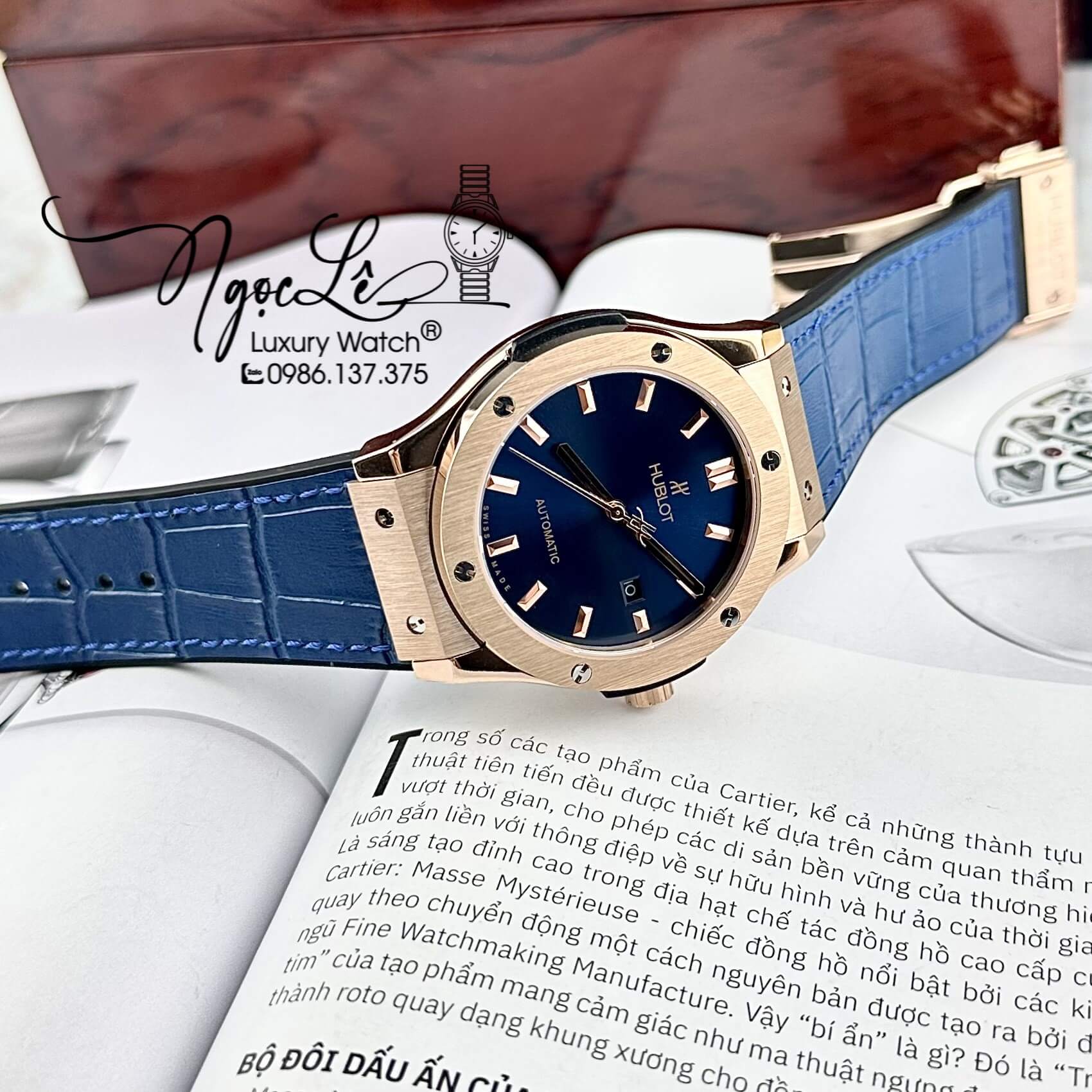 Đồng Hồ Nam Hublot Classic Fusion Tự Động Dây Da Silicon Xanh Dương Vỏ Rose Size 42mm
