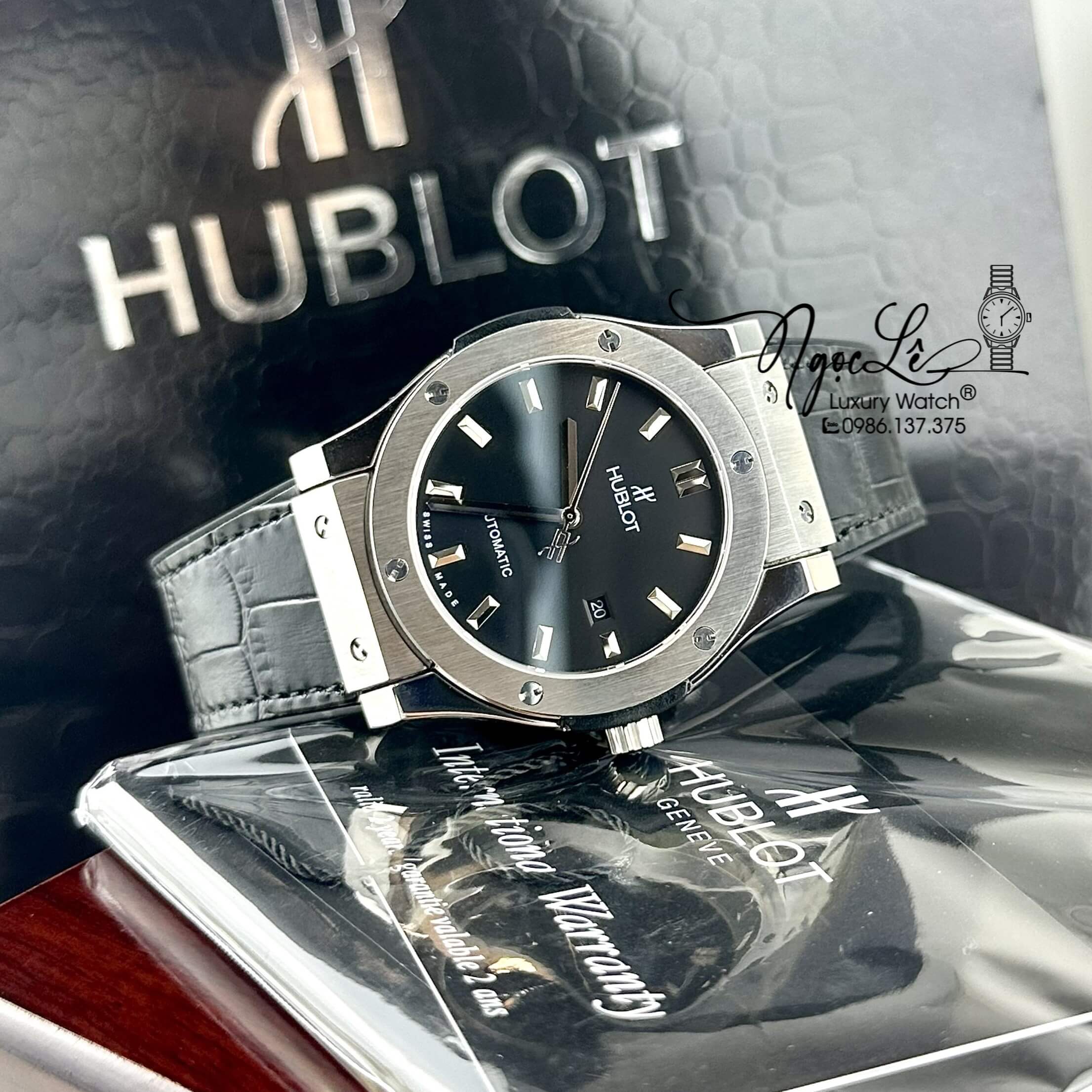 Đồng Hồ Nam Hublot Classic Fusion Tự Động Dây Da Silicon Đen Vỏ Bạc Size 42mm