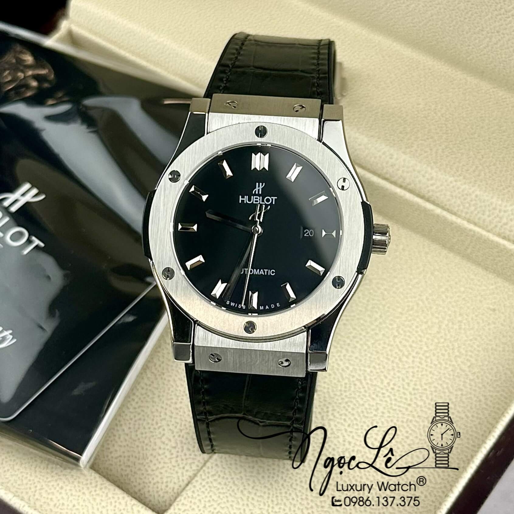 Đồng Hồ Nam Hublot Classic Fusion Tự Động Dây Da Silicon Đen Vỏ Bạc Size 42mm