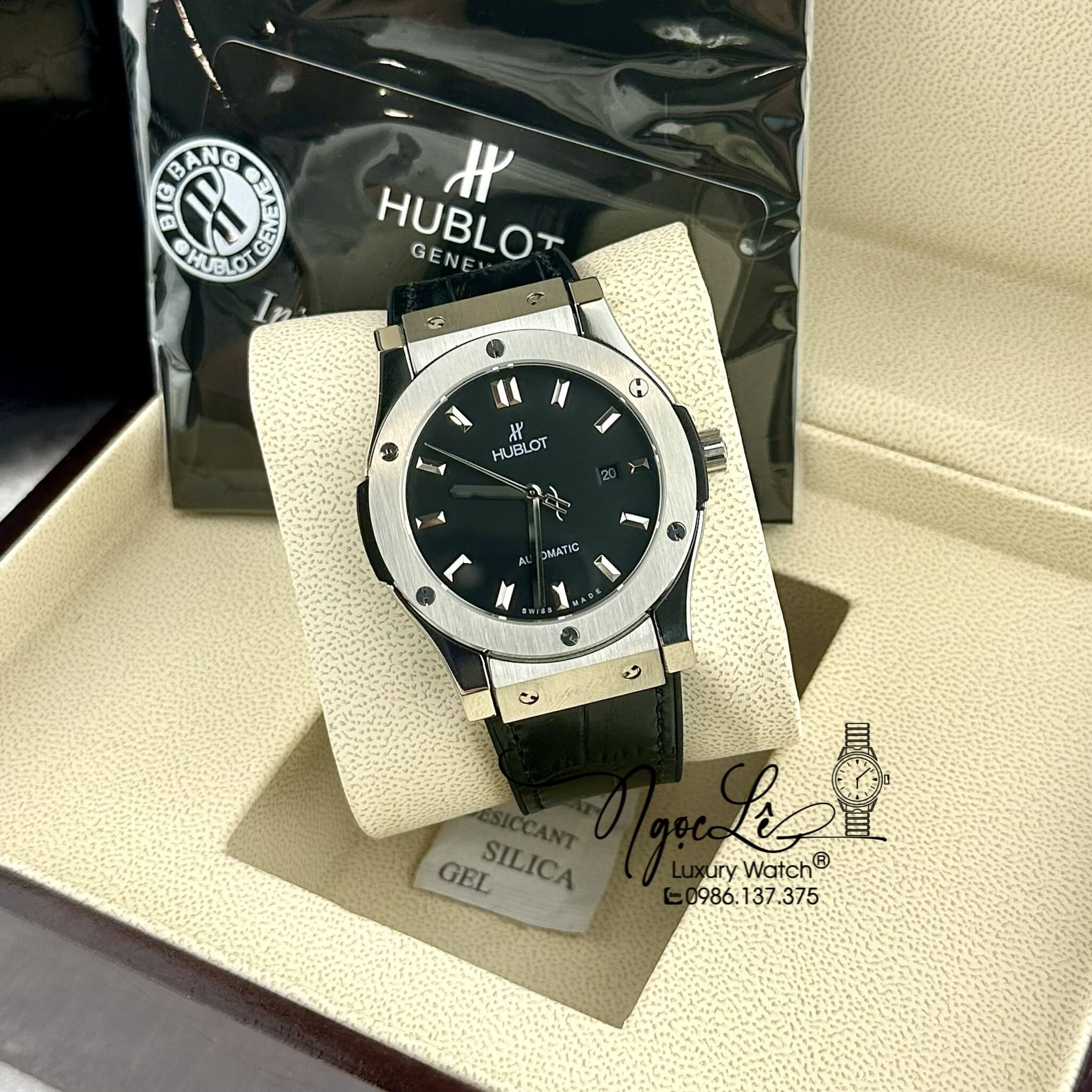 Đồng Hồ Nam Hublot Classic Fusion Tự Động Dây Da Silicon Đen Vỏ Bạc Size 42mm