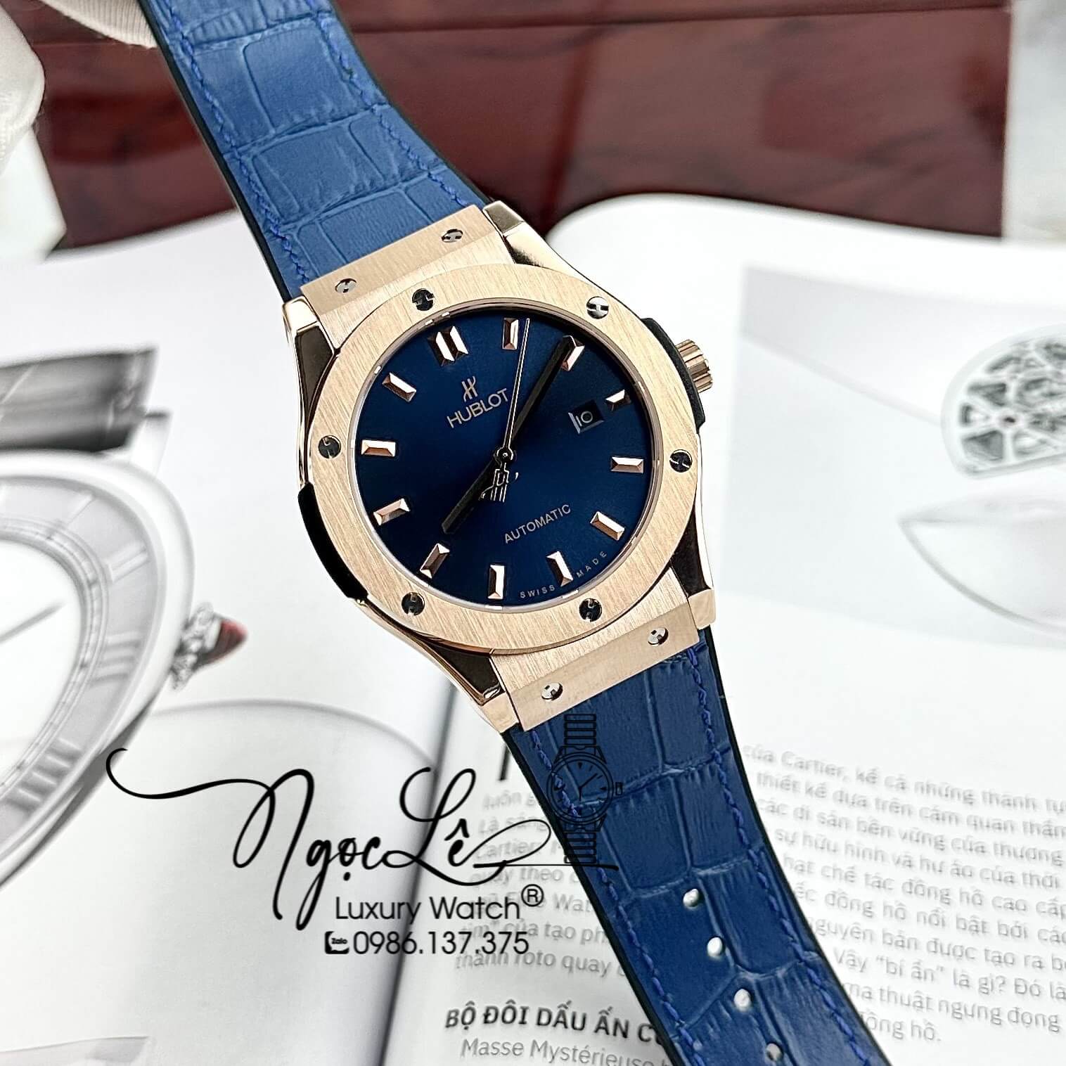 Đồng Hồ Nam Hublot Classic Fusion Tự Động Dây Da Silicon Xanh Dương Vỏ Rose Size 42mm