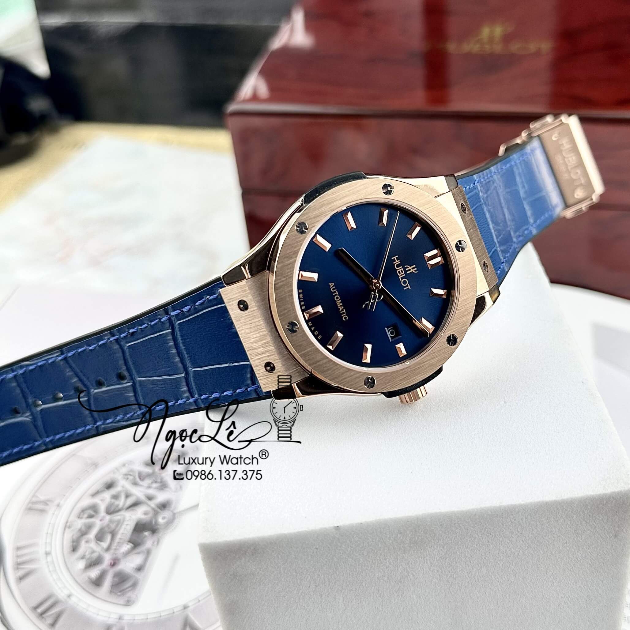 Đồng Hồ Nam Hublot Classic Fusion Tự Động Dây Da Silicon Xanh Dương Vỏ Rose Size 42mm