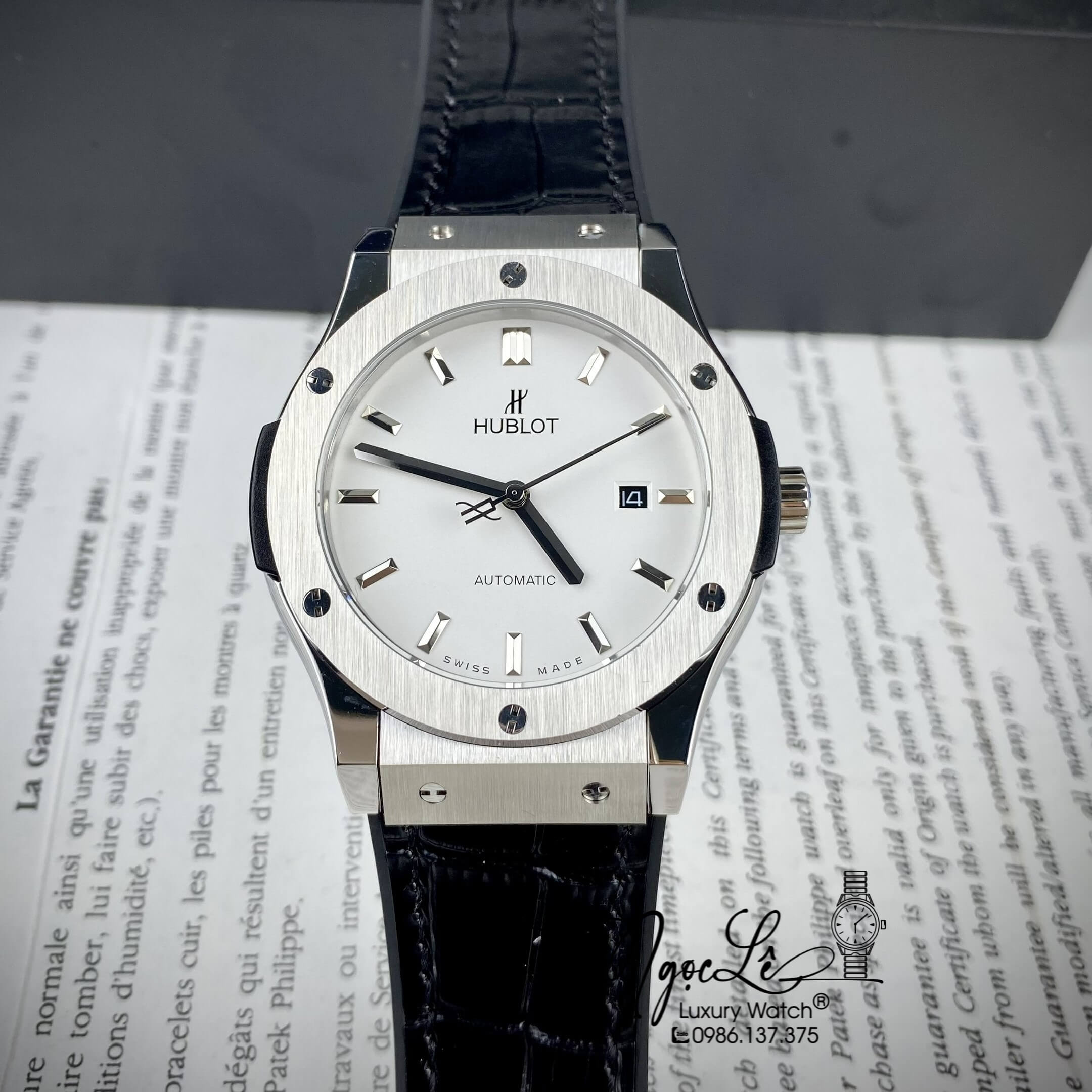 Đồng Hồ Nam Hublot Classic Fusion Tự Động Dây Da Silicon Đen Vỏ Bạc Mặt Trắng Size 42mm