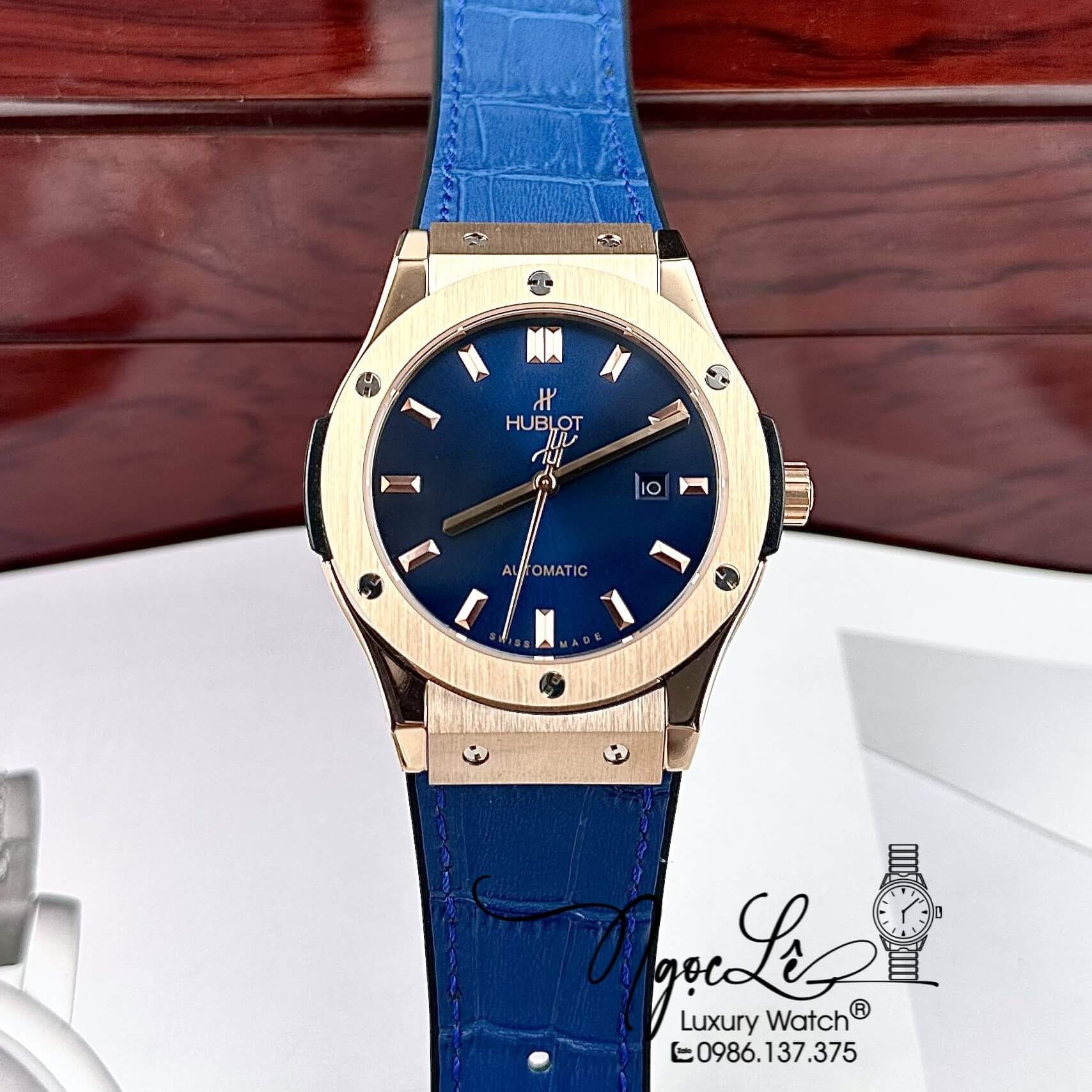 Đồng Hồ Nam Hublot Classic Fusion Tự Động Dây Da Silicon Xanh Dương Vỏ Rose Size 42mm