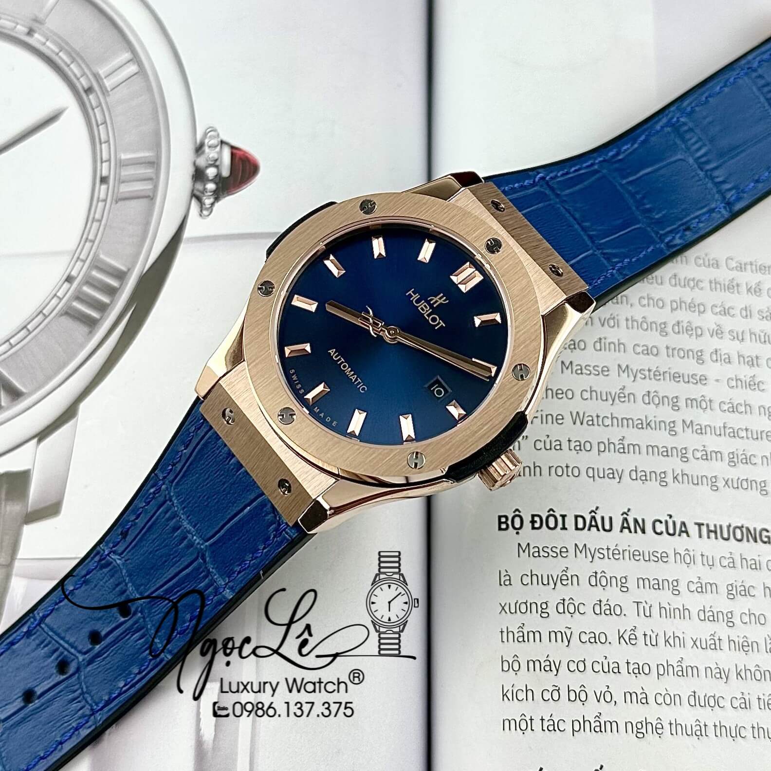 Đồng Hồ Nam Hublot Classic Fusion Tự Động Dây Da Silicon Xanh Dương Vỏ Rose Size 42mm