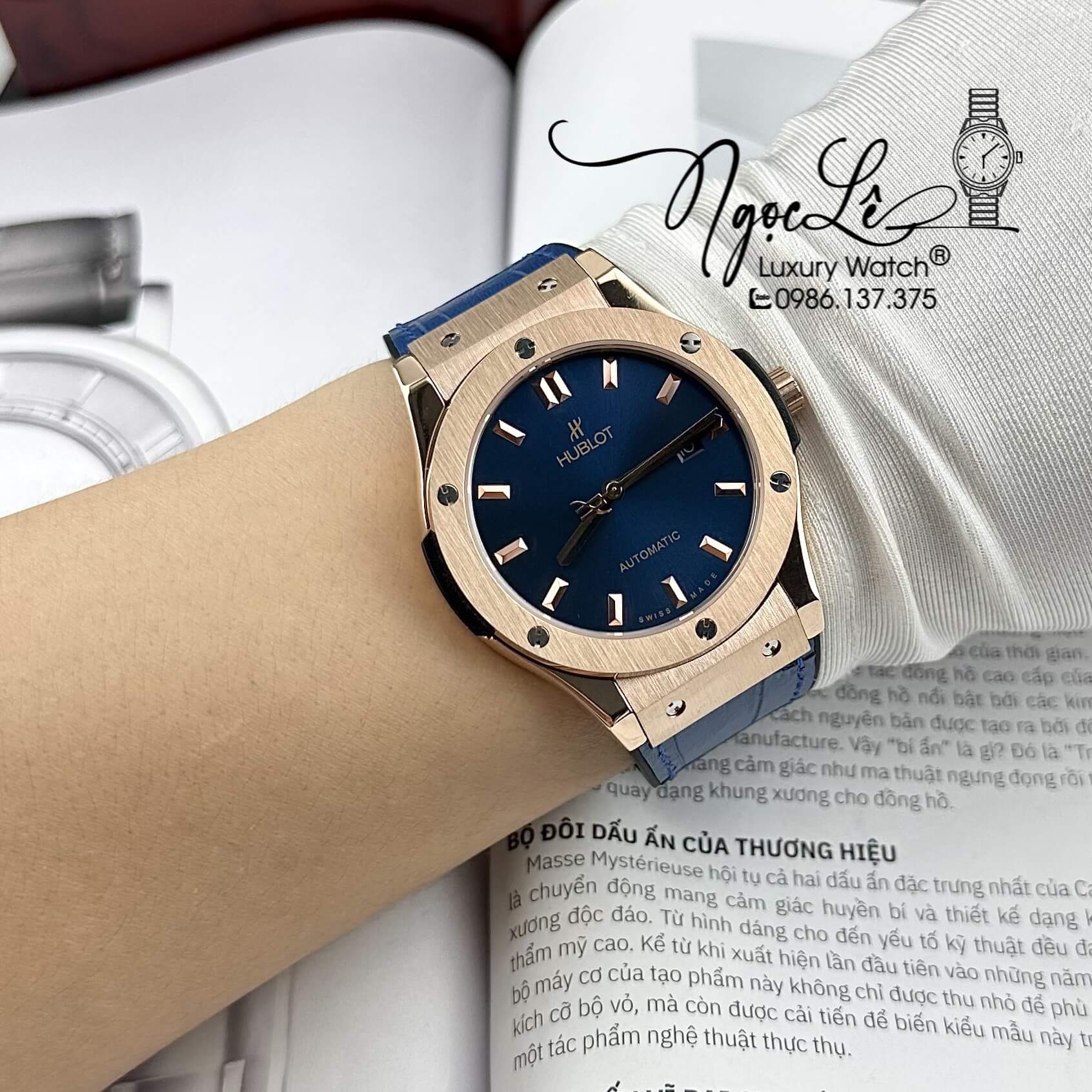 Đồng Hồ Nam Hublot Classic Fusion Tự Động Dây Da Silicon Xanh Dương Vỏ Rose Size 42mm