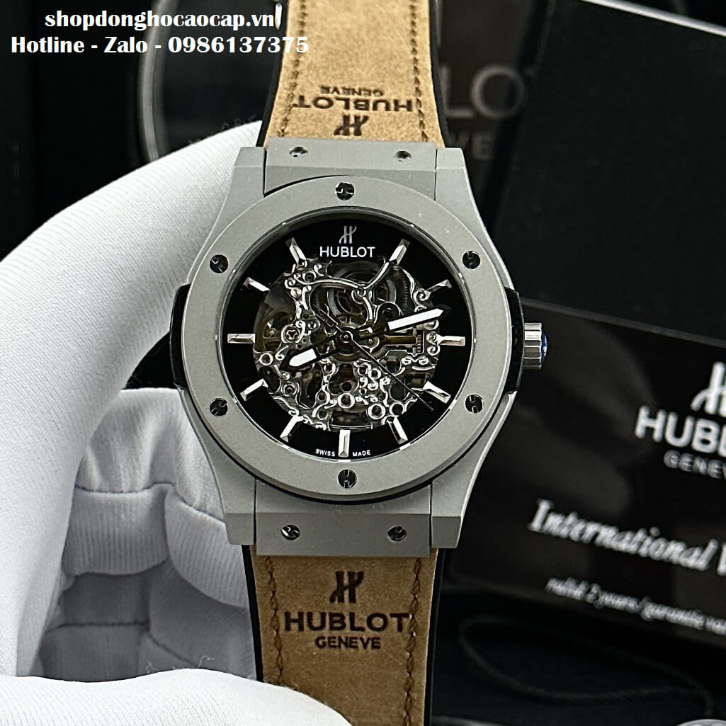 Đồng Hồ Hublot Automatic Nam Lộ Máy Dây Da Silicon Nâu 42mm