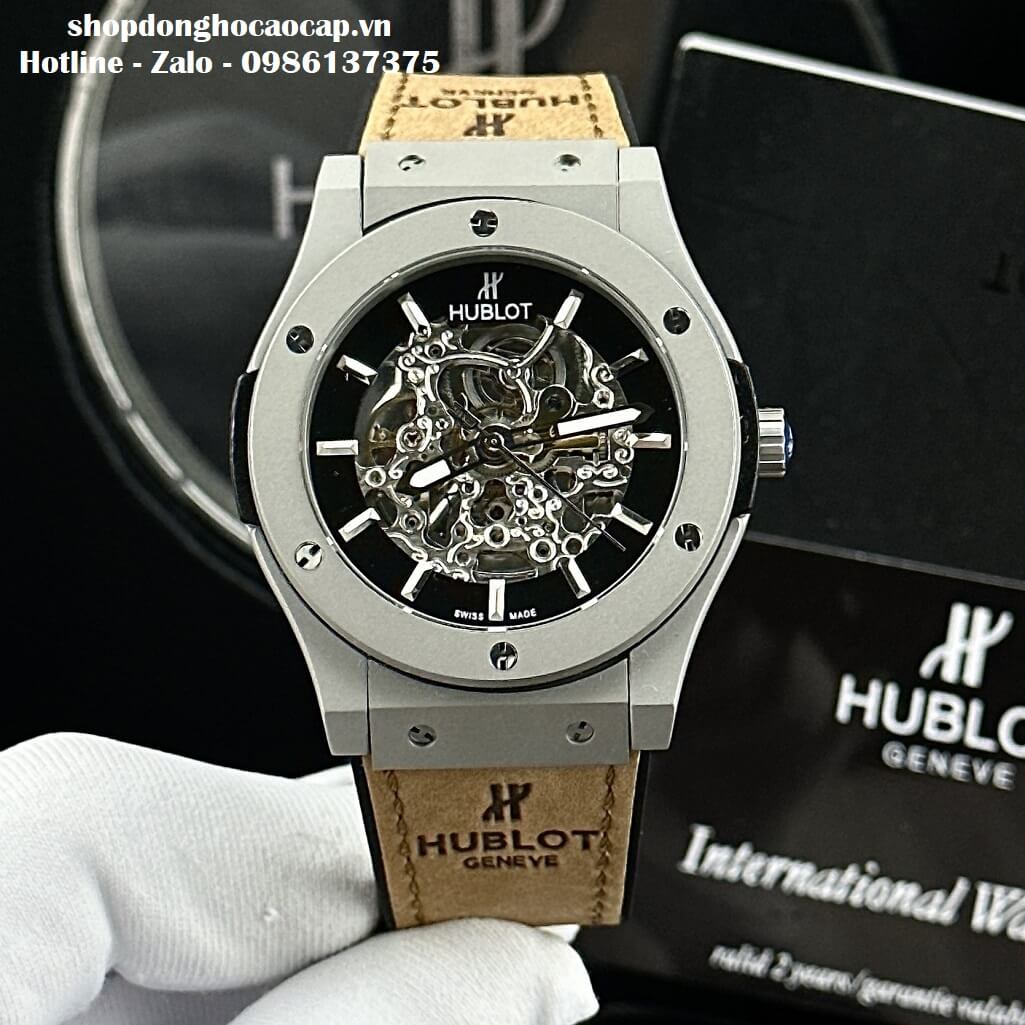 Đồng Hồ Hublot Automatic Nam Lộ Máy Dây Da Silicon Nâu 42mm