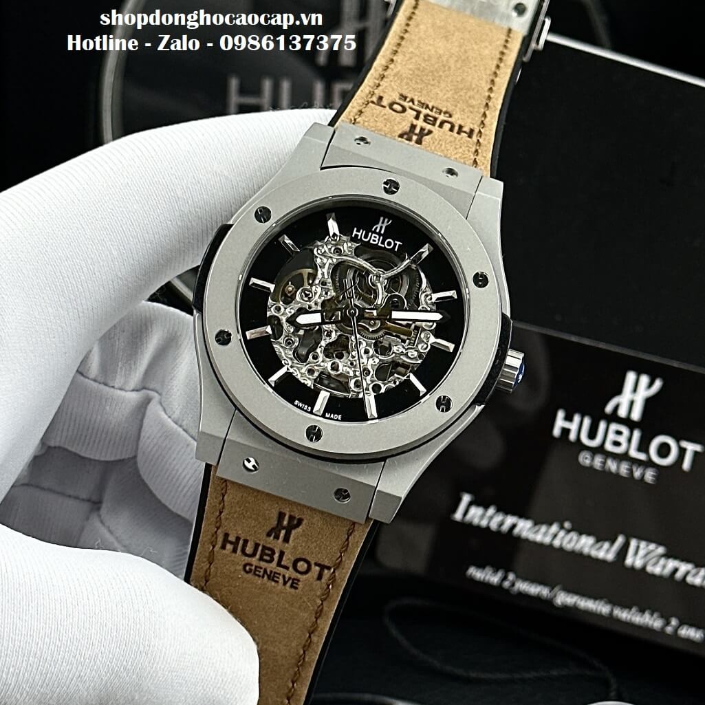 Đồng Hồ Hublot Automatic Nam Lộ Máy Dây Da Silicon Nâu 42mm