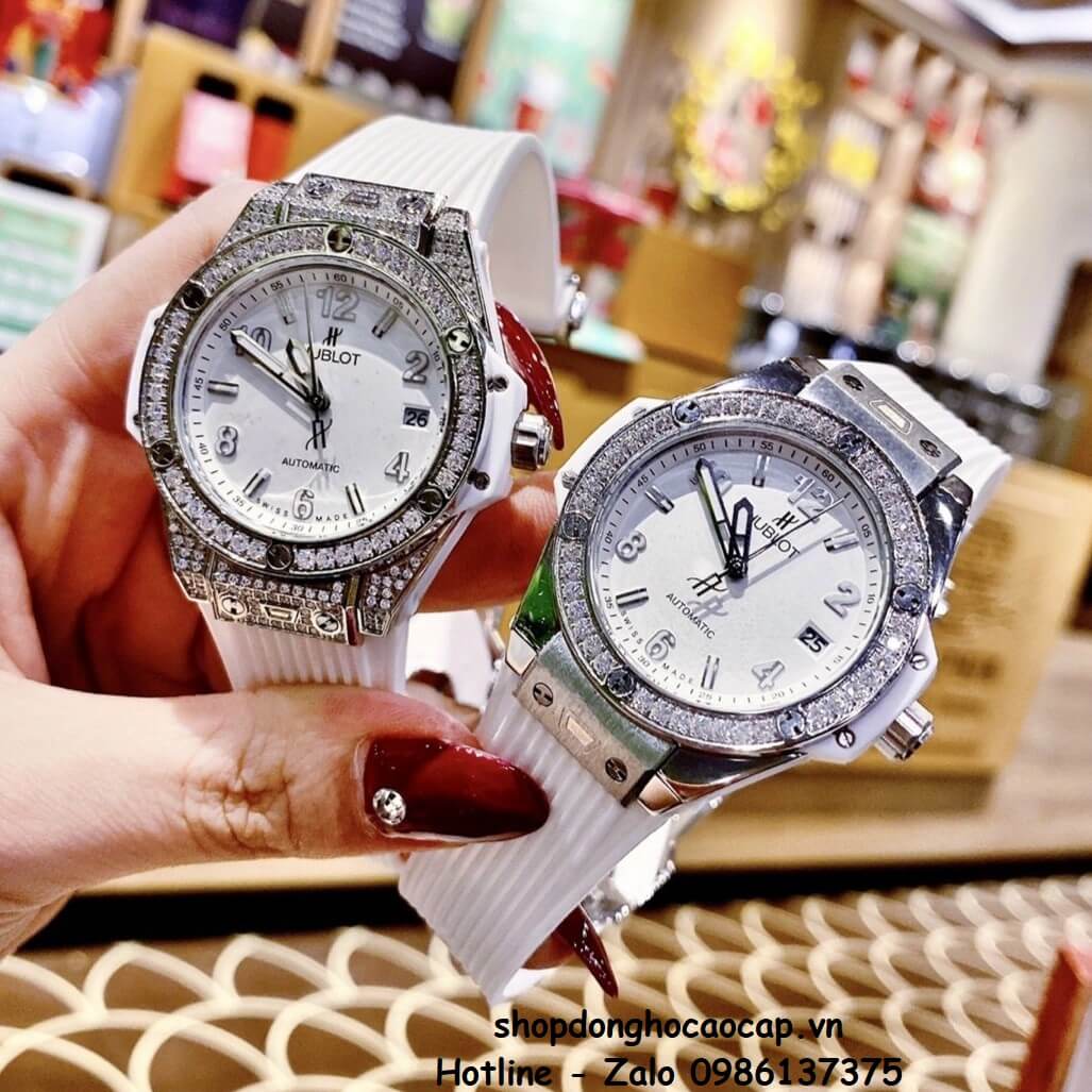 Đồng Hồ Hublot Ngọc Trinh Silicon Trắng Đính Đá Bạc 37mm