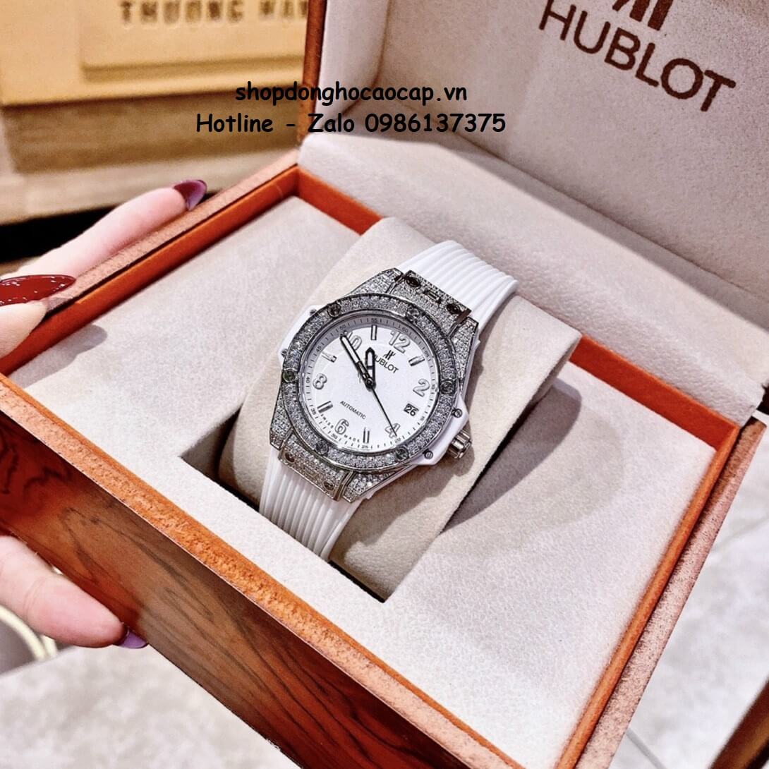 Đồng Hồ Hublot Ngọc Trinh Silicon Trắng Đính Đá Bạc 37mm