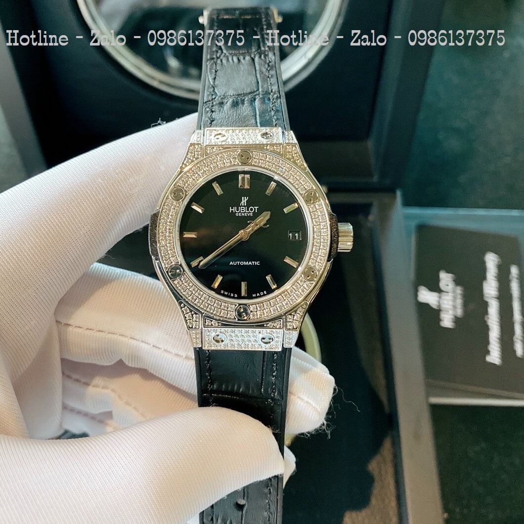 Đồng Hồ Hublot Automatic Nữ Da Silicon Đen Đính Đá Silver 34mm