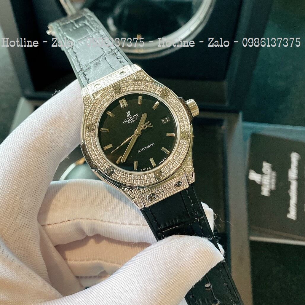 Đồng Hồ Hublot Automatic Nữ Da Silicon Đen Đính Đá Silver 34mm