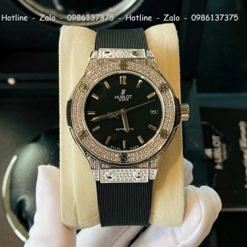 Đồng Hồ Hublot Automatic Nữ Silicon Đen Đính Đá Silver 34mm