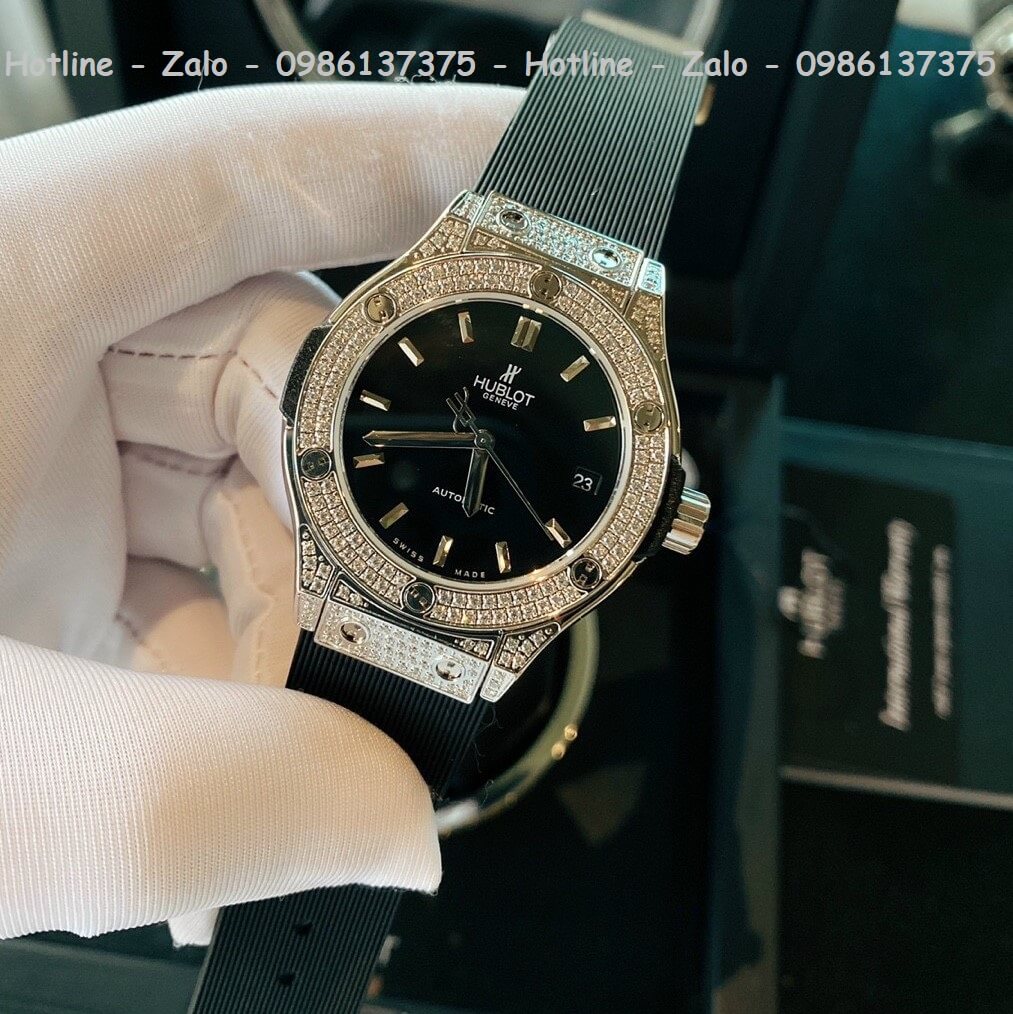 Đồng Hồ Hublot Automatic Nữ Silicon Đen Đính Đá Silver 34mm