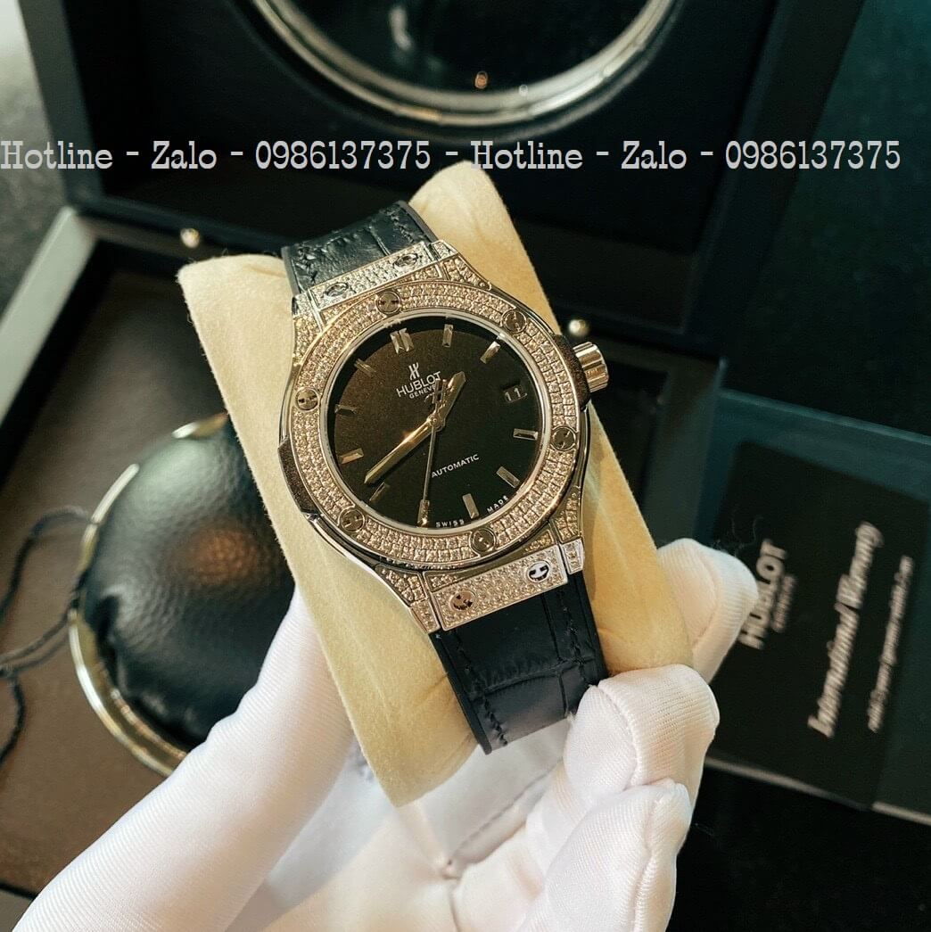 Đồng Hồ Hublot Automatic Nữ Da Silicon Đen Đính Đá Silver 34mm