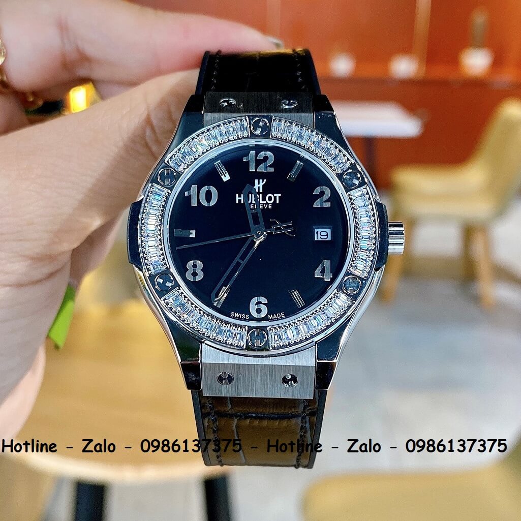 Đồng Hồ Nữ Hublot Đính Đá Dây Da Silicon Đen 34mm Silver