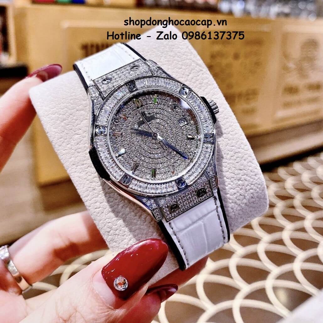 Đồng Hồ Hublot Classic Fusion Dây Da Silicon Trắng Đính Đá Bạc