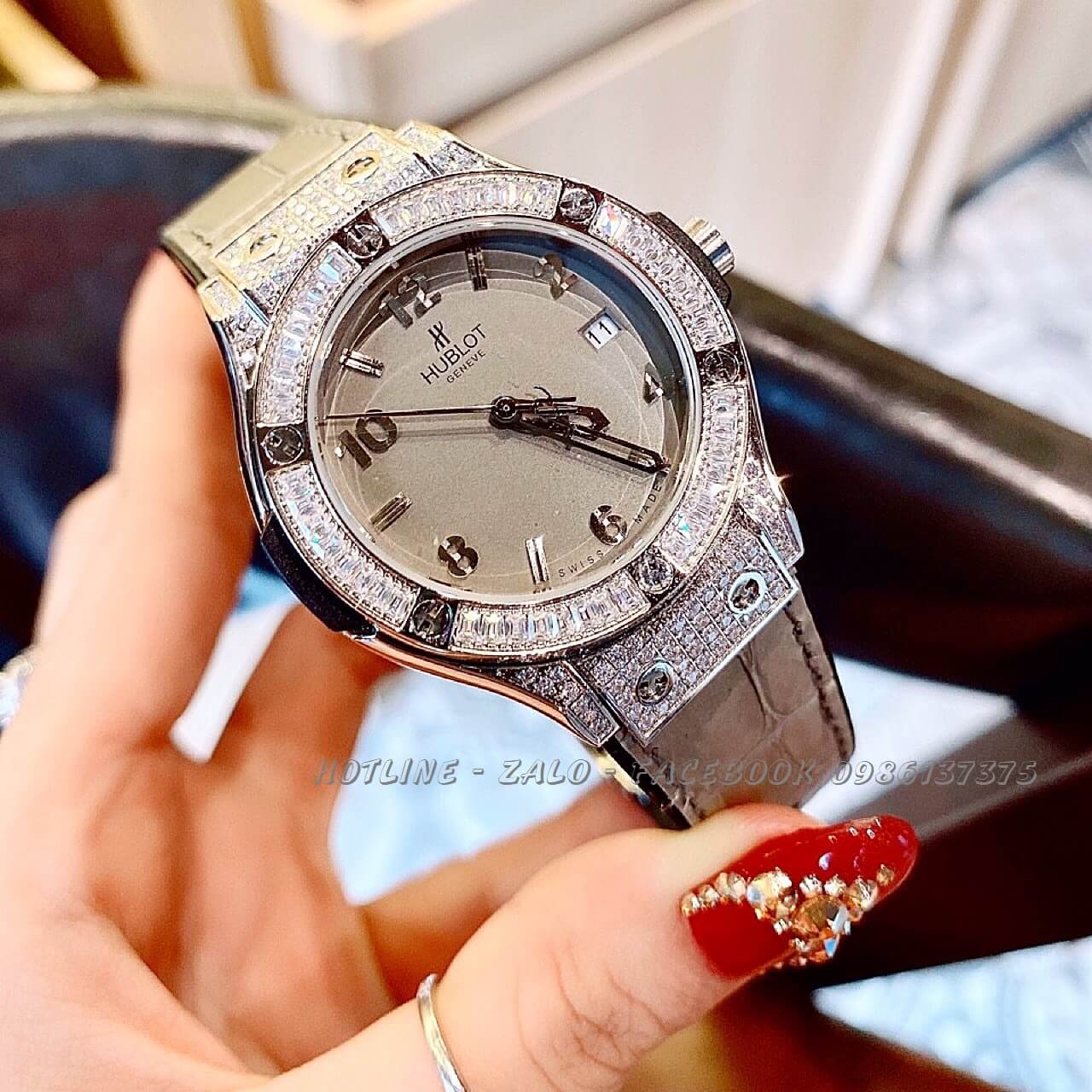 Đồng Hồ Hublot Nữ Dây Da Silicon Xám 34mm
