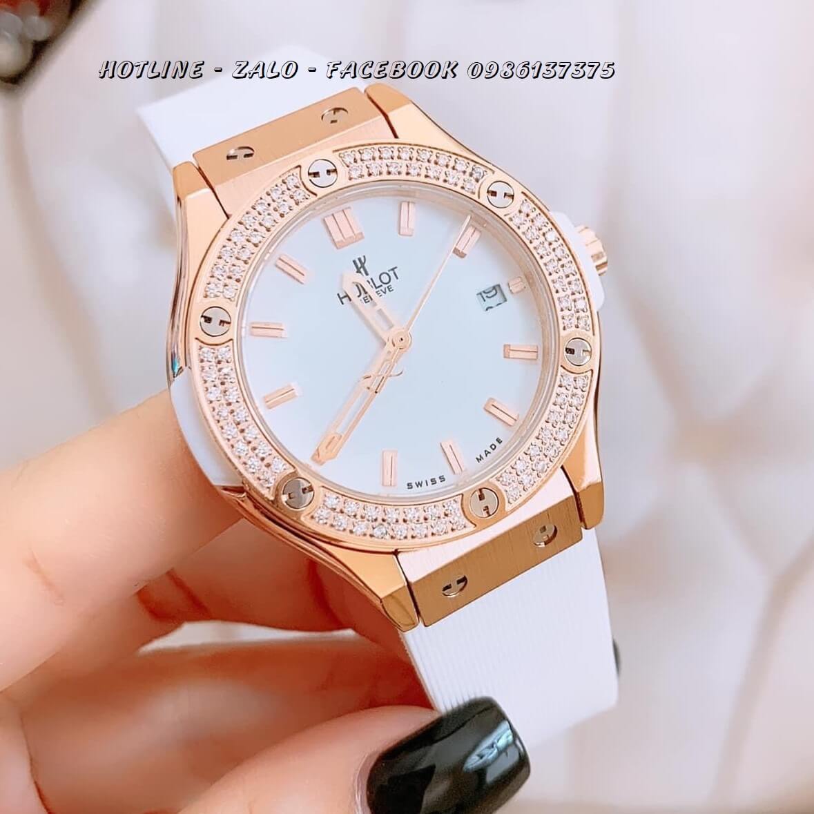Đồng Hồ Hublot Nữ Dây Silicon Trắng 34mm Rose Gold