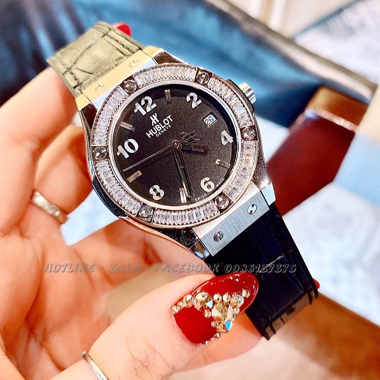 Đồng Hồ Hublot Nữ Dây Da Silicon Đen 34mm