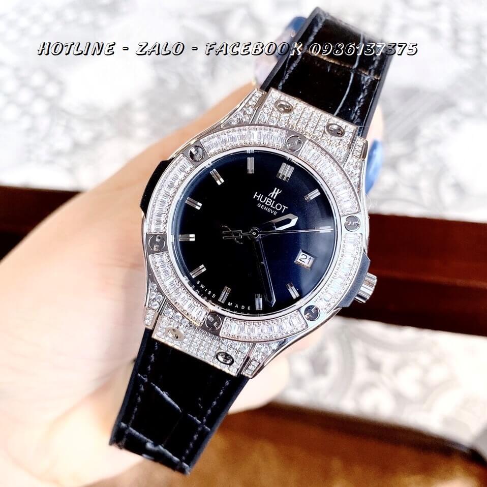 Đồng Hồ Hublot Nữ Dây Da Silicon Đen Mặt Đen 34mm (Silver)