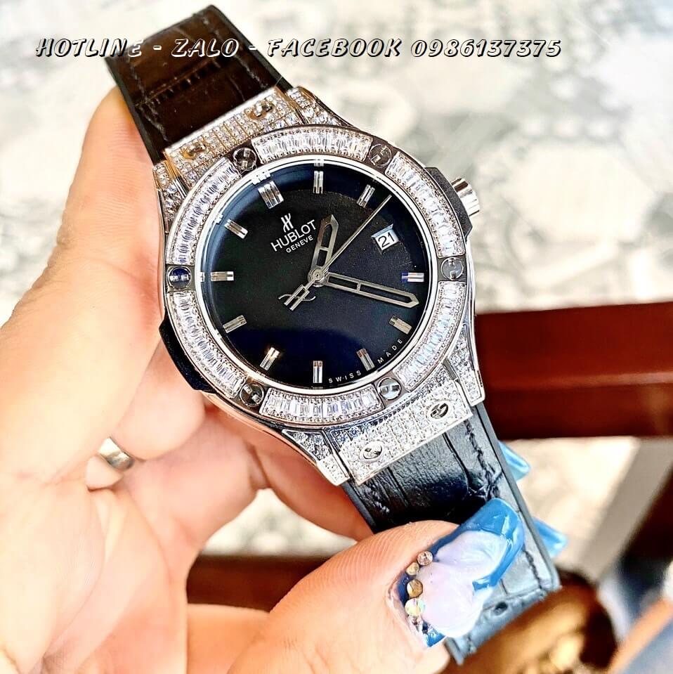 Đồng Hồ Hublot Nữ Dây Da Silicon Đen Mặt Đen 34mm (Silver)