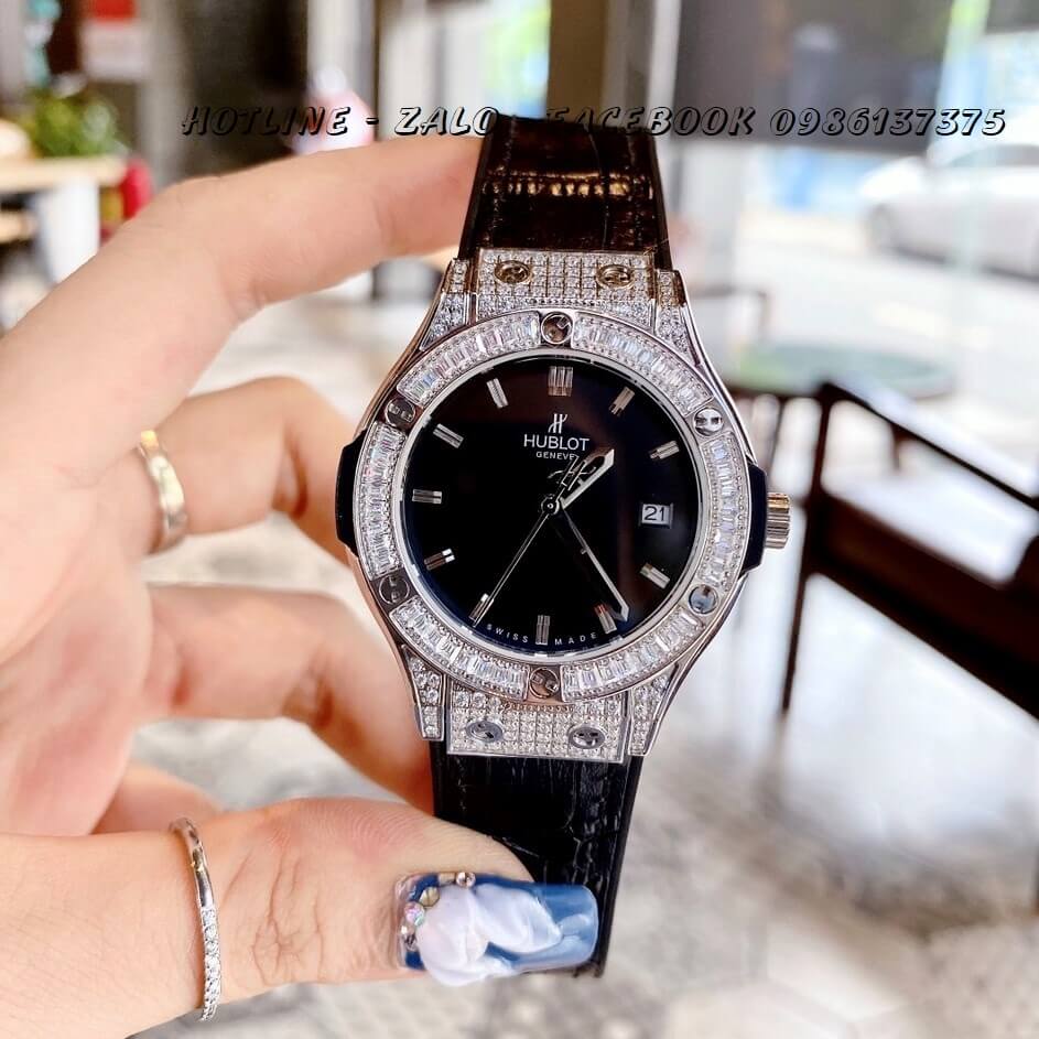 Đồng Hồ Hublot Nữ Dây Da Silicon Đen Mặt Đen 34mm (Silver)
