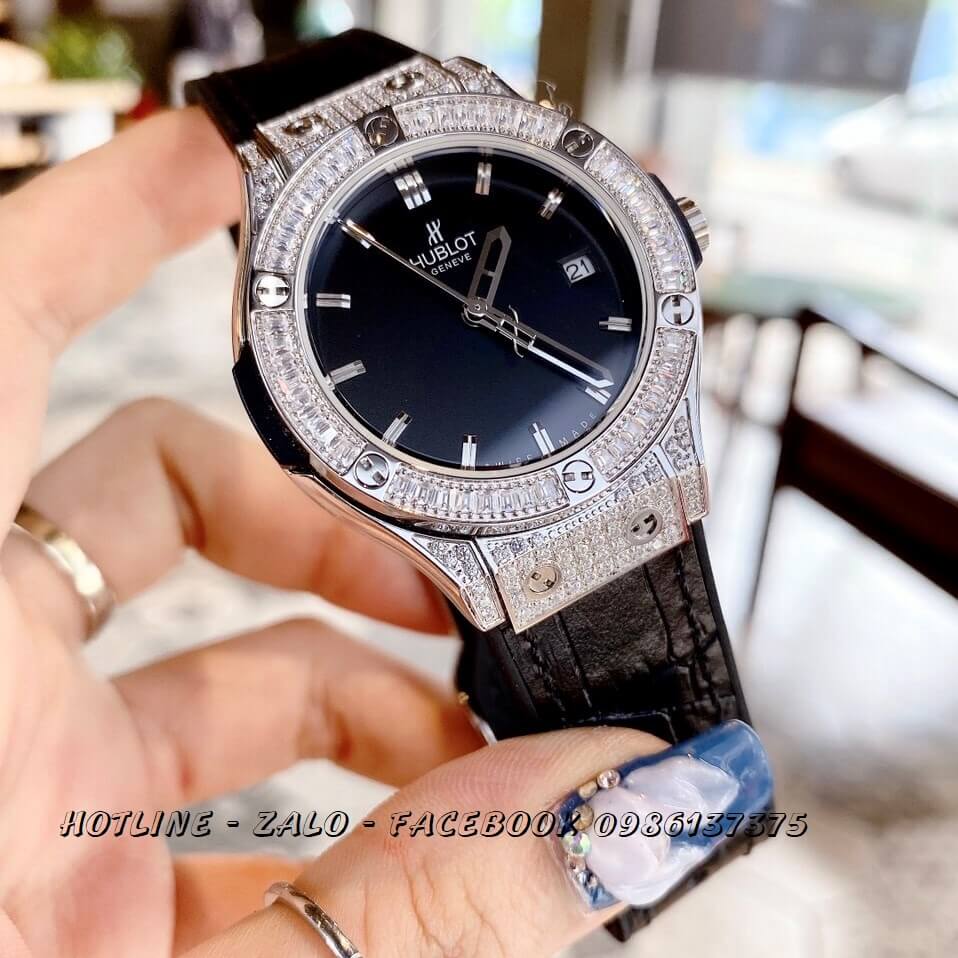 Đồng Hồ Hublot Nữ Dây Da Silicon Đen Mặt Đen 34mm (Silver)