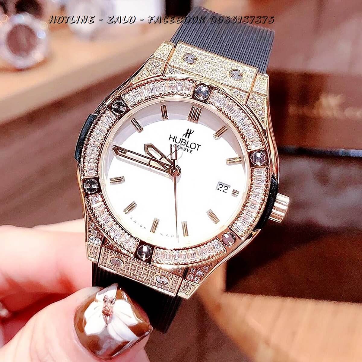 Đồng Hồ Hublot Nữ Dây Silicon Đen Mặt Trắng 34mm (Rose Gold)