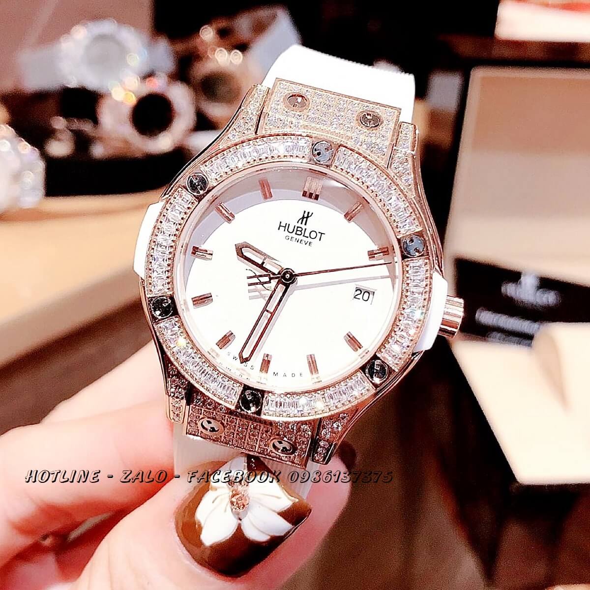 Đồng Hồ Hublot Nữ Silicon Trắng Rose Gold 34mm