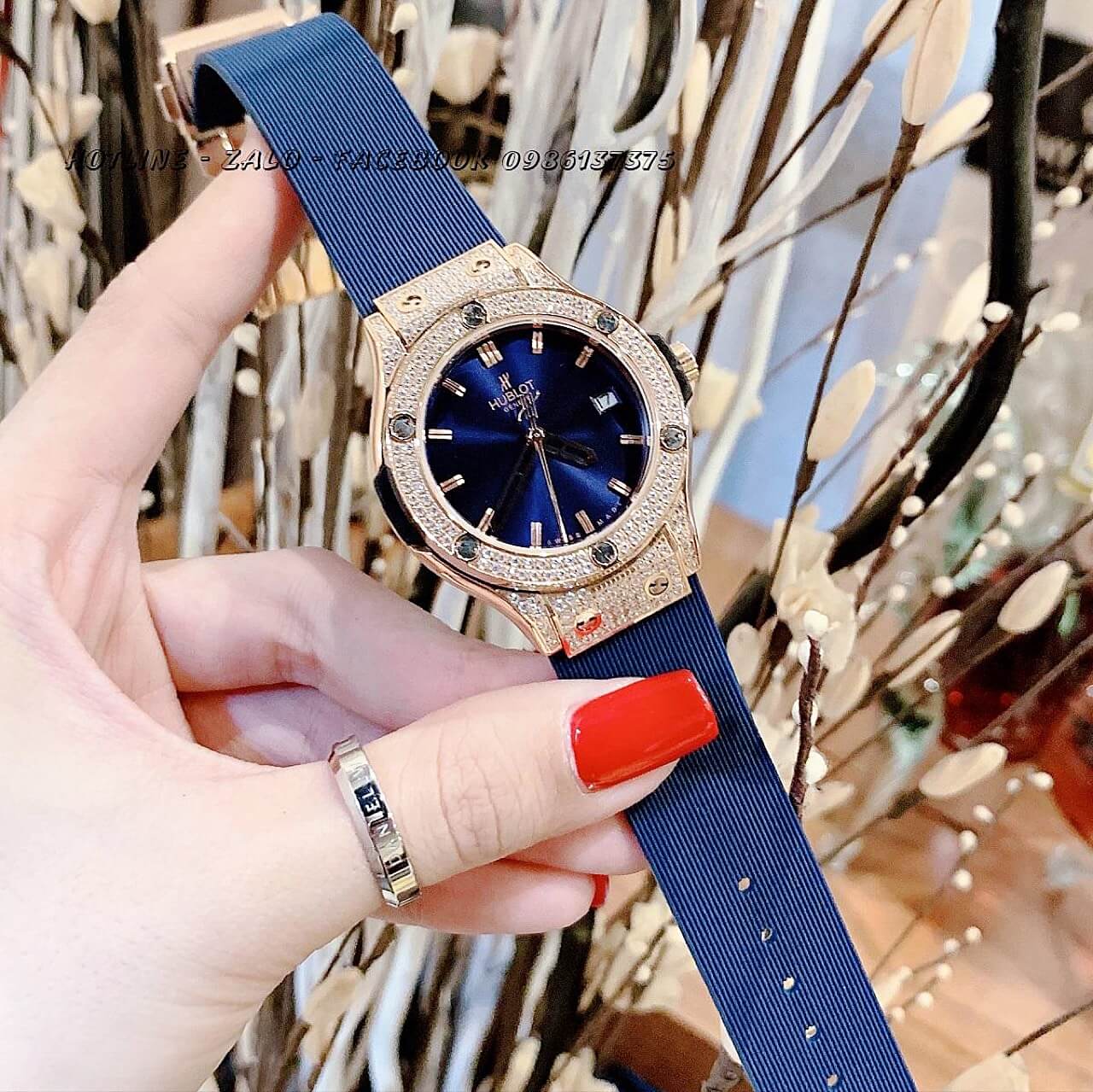 Đồng Hồ Hublot Nữ Silicon Blue Rose Gold 34mm