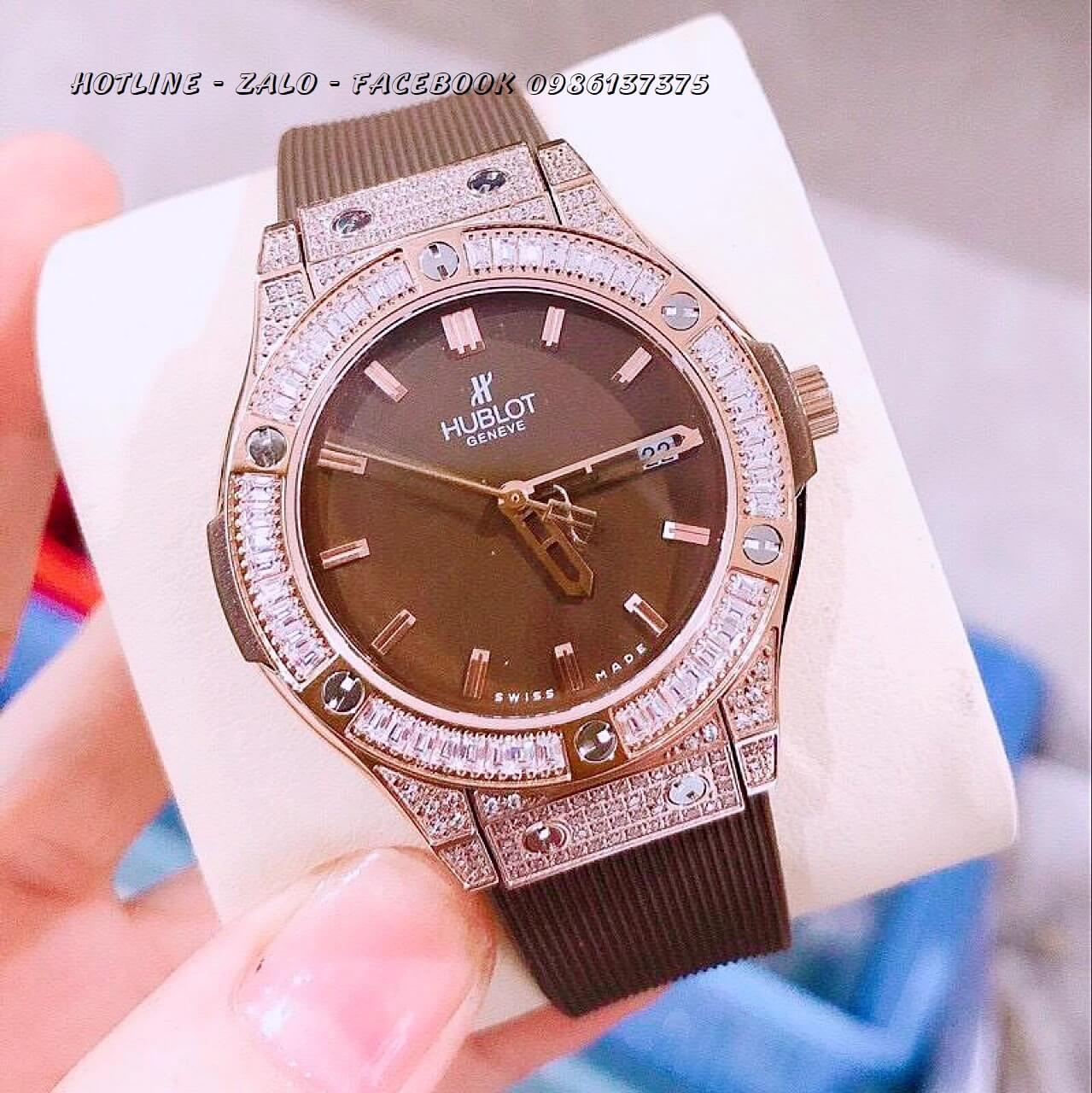 Đồng Hồ Hublot Nữ Dây Silicon Nâu 34mm (Rose Gold)