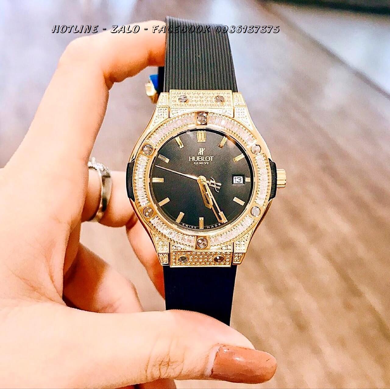 Đồng Hồ Hublot Nữ Dây Silicon Đen Mặt Đen Size 34mm (Gold) - Quartz