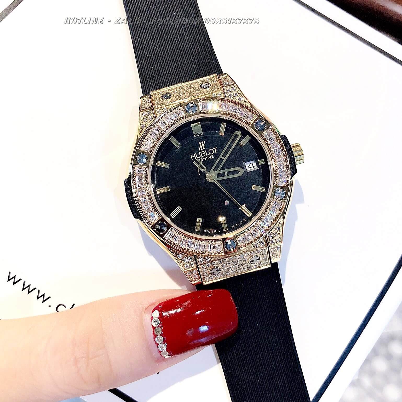 Đồng Hồ Hublot Nữ Dây Silicon Đen Mặt Đen Size 34mm (Gold) - Quartz