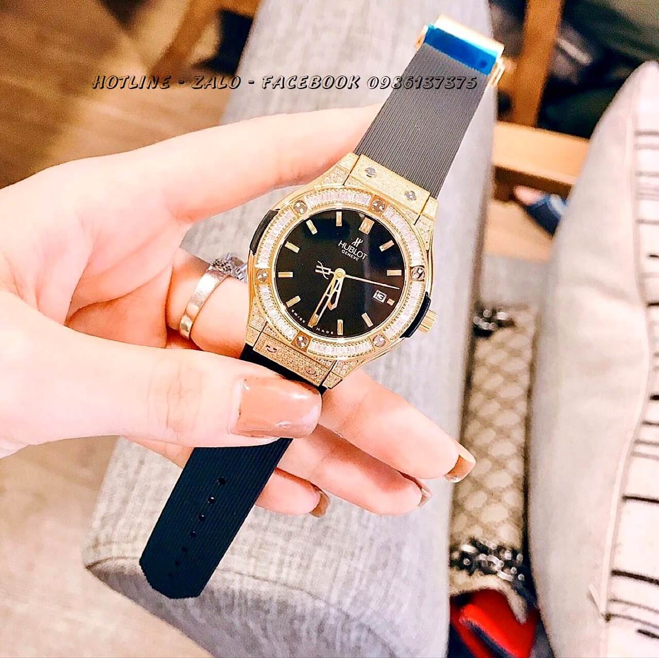 Đồng Hồ Hublot Nữ Dây Silicon Đen Mặt Đen Size 34mm (Gold) - Quartz